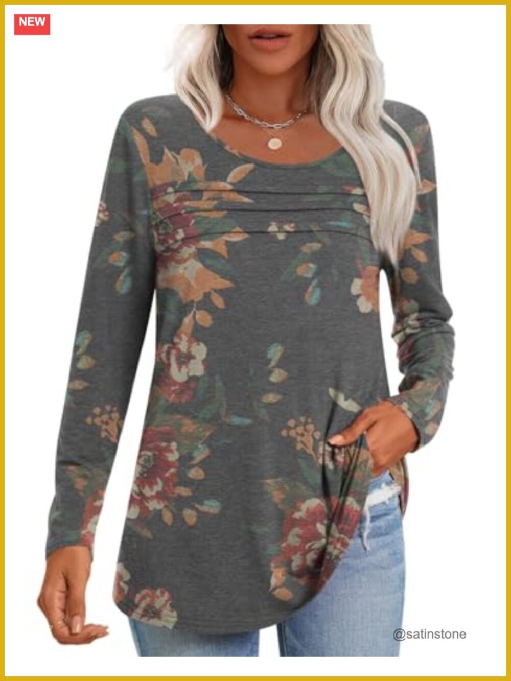 Women's Long Sleeve Tunic Pleated Crew Neck Blouse Loose Fit Fashion Top